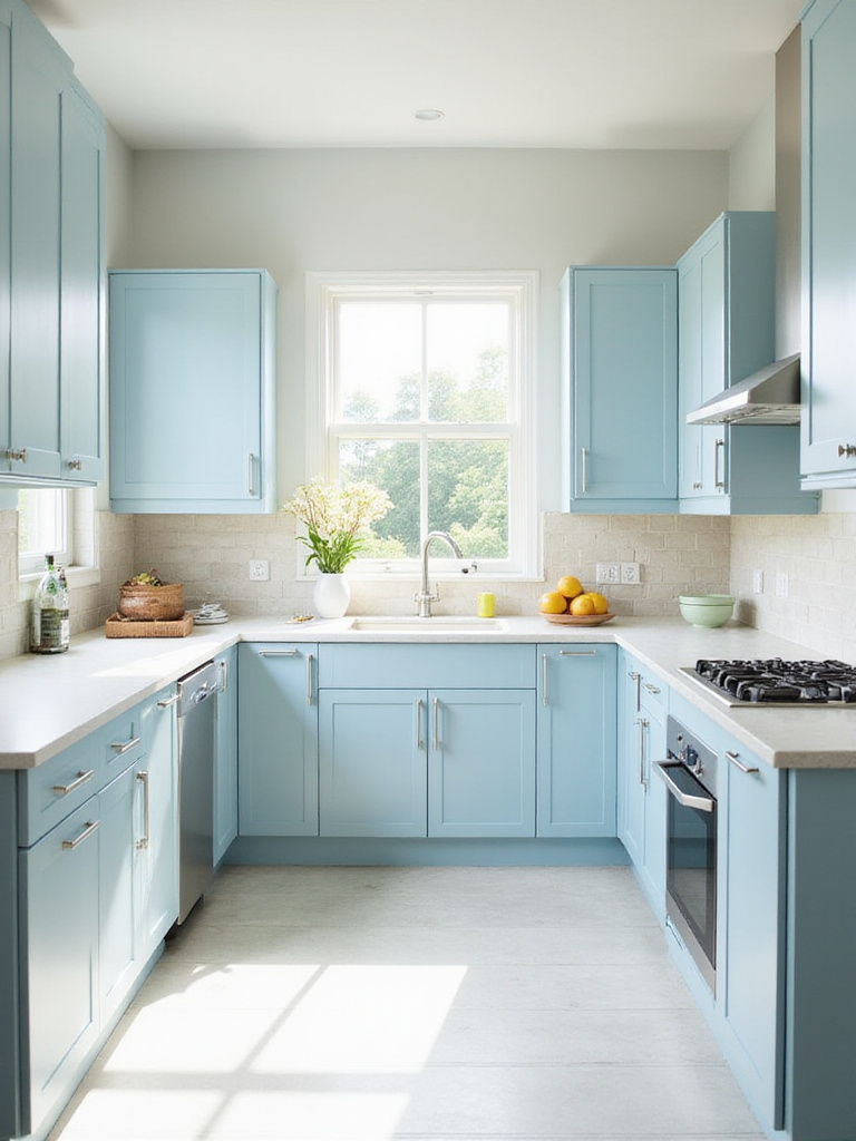 Pastel blue kitchen cabinets with white countertops and stainless steel appliances.