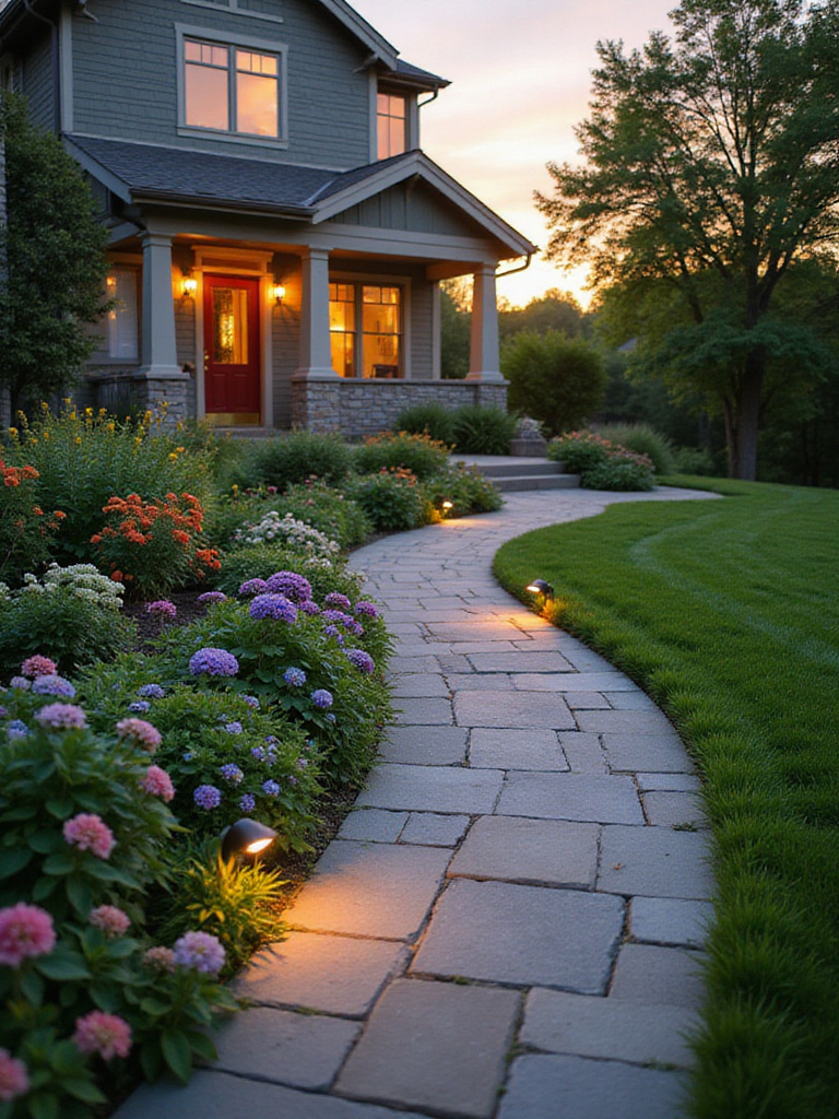 Curved flagstone walkway with flowering plants leading to a craftsman-style home.