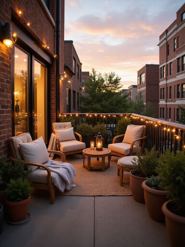 Cozy seating nook on a small urban balcony with cushions, throws, string lights, and potted plants, bathed in warm sunset light.