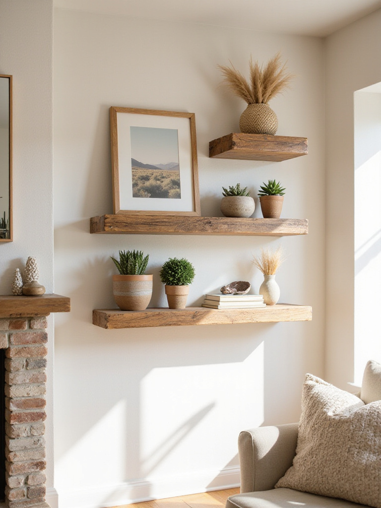 Boho living room wall decor featuring rustic wood floating shelves with plants, vases, and other bohemian accessories.