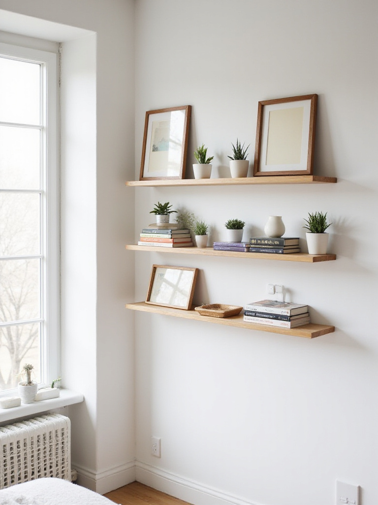 Apartment bedroom wall with chic floating shelves displaying plants, books, and art.
