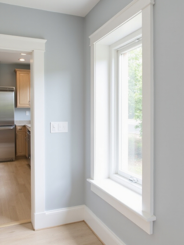 Modern kitchen with light grey walls and bright white trim.