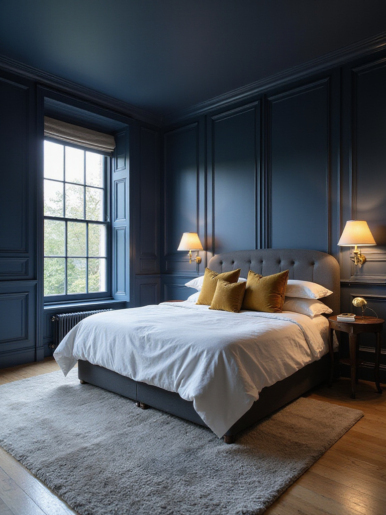 Navy blue bedroom with white linens, brass accents, and natural light