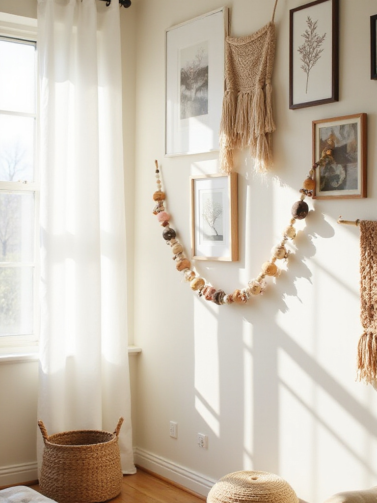 Boho living room wall decor with beaded garland