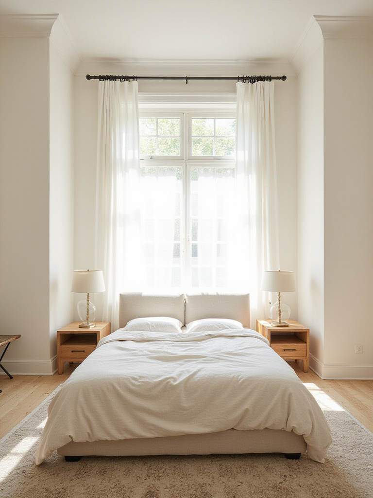 Bright and airy off-white bedroom with natural light