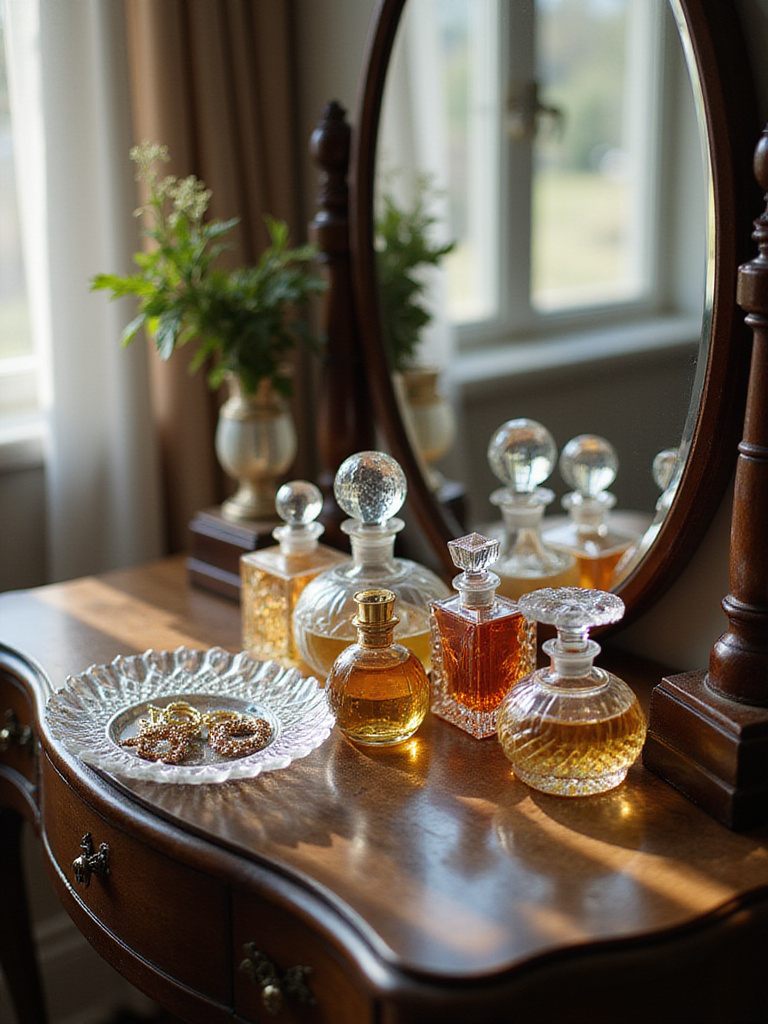 Vintage vanity with cut glass perfume bottles and tray holding jewelry.