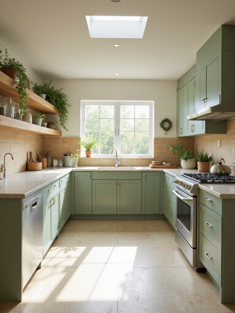 Kitchen with sage green cabinets and natural wood backsplash
