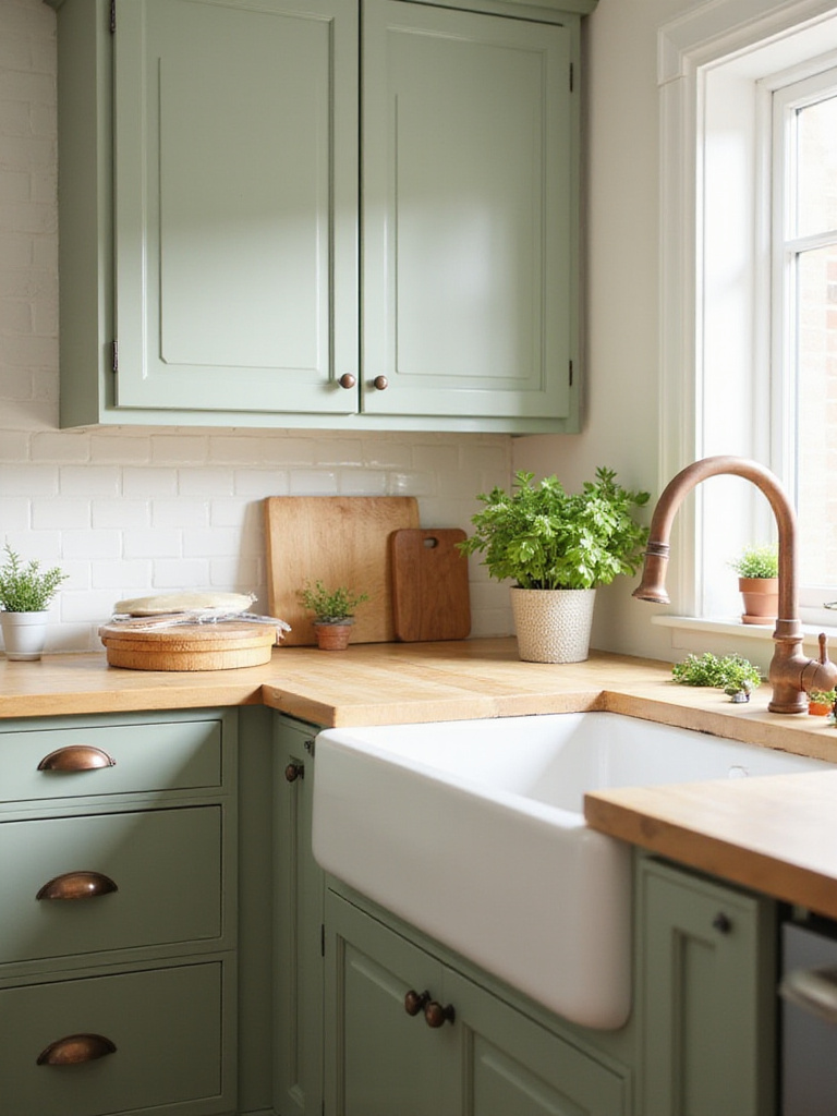 Earthy green kitchen cabinets with butcher block countertops and copper hardware.