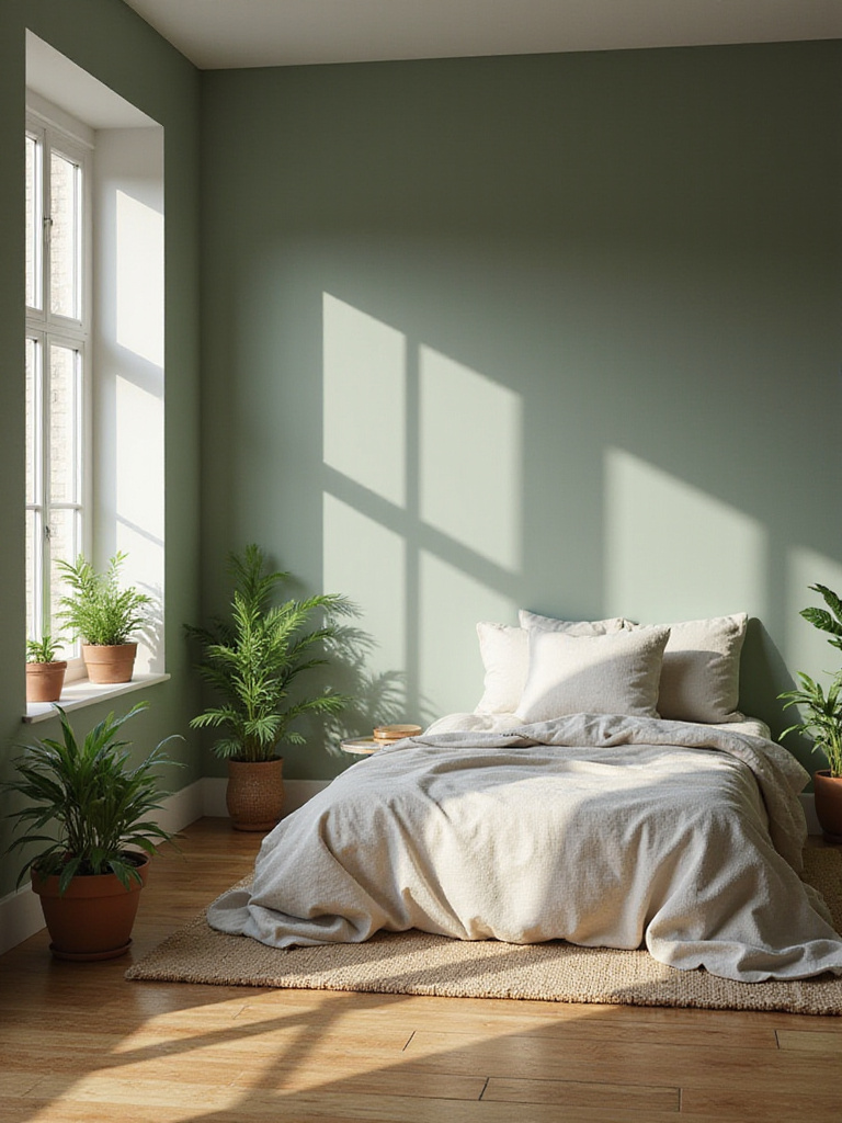 Serene bedroom with earthy sage green walls, natural light, and linen bedding.