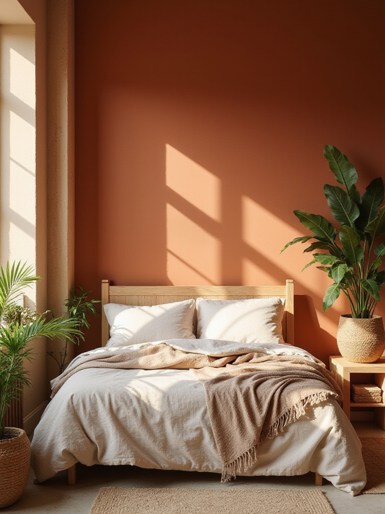 Terracotta bedroom wall with linen bedding and natural wood furniture