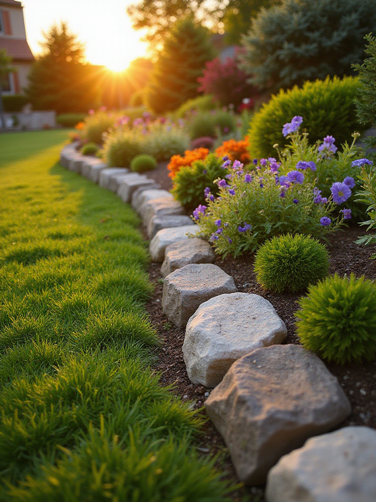 Landscaping edging made of natural stone separating a lawn from a flower bed.