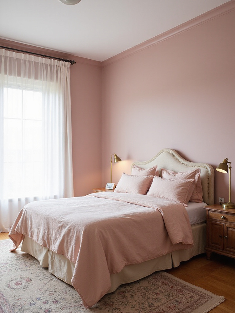 Dusty rose bedroom with vintage furniture and soft lighting