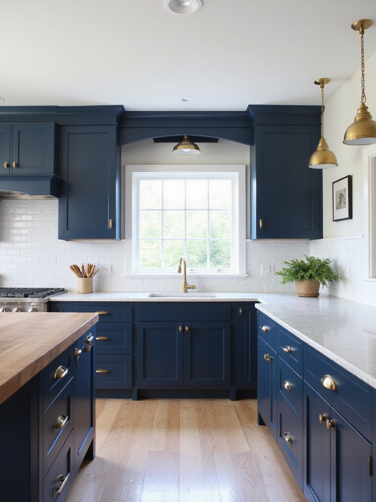 Navy blue kitchen cabinets with marble countertops and brass hardware.