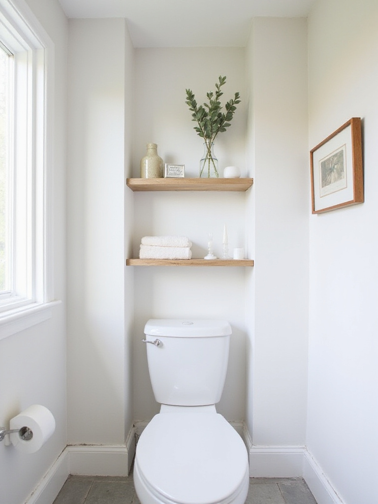 Bathroom shelf decorations featuring eucalyptus stems in a clear glass vase