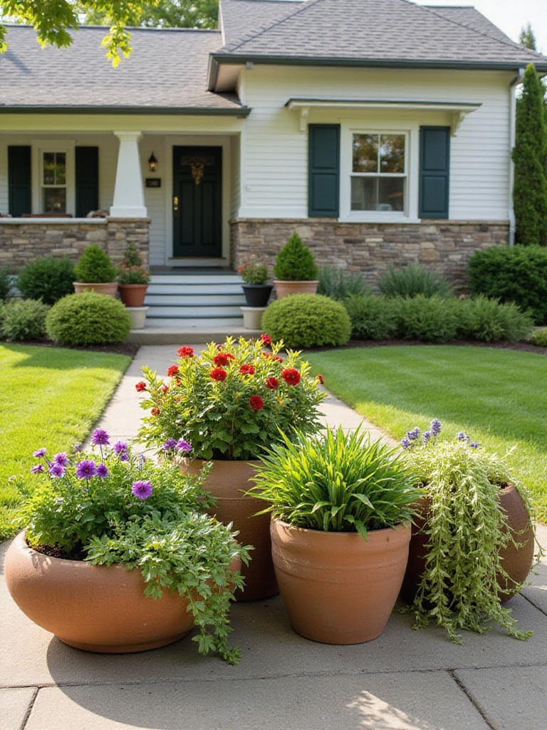 Stylish container gardens enhance front yard curb appeal with colorful flowers and lush greenery.