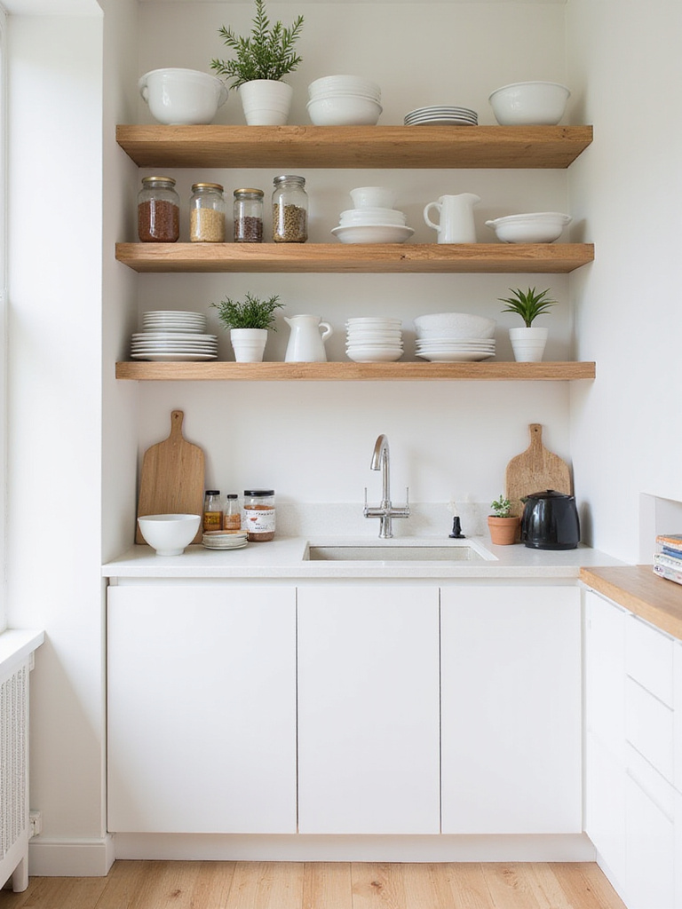 Modern kitchen with open wooden shelving displaying dishes and plants.
