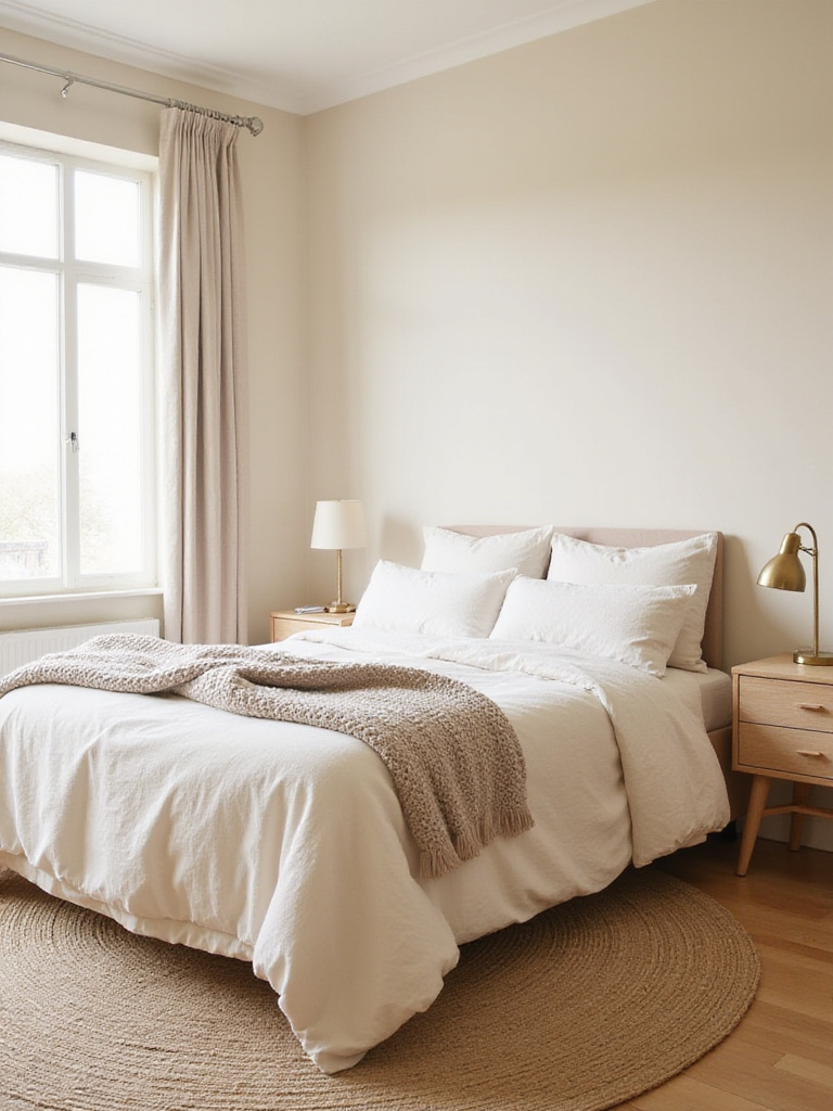 Calming neutral bedroom design with linen bedding, woven rug, and brass accents.