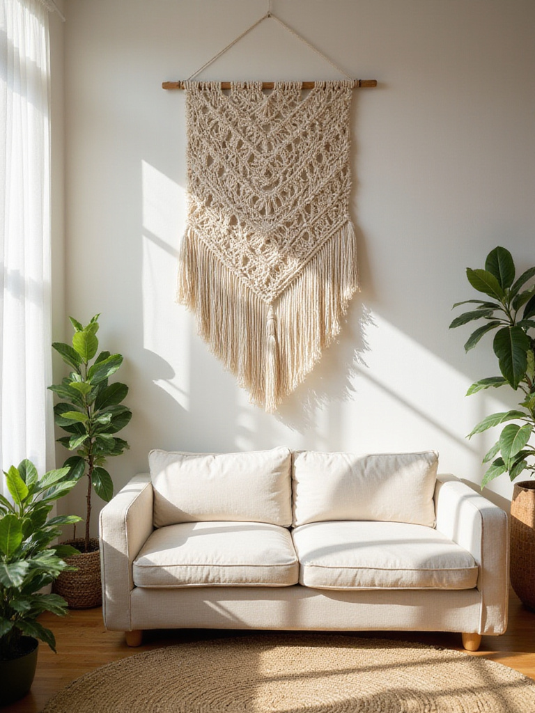 Boho living room with a large macrame wall hanging above a linen sofa