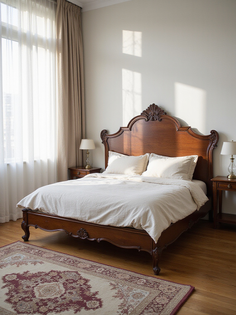 Antique mahogany bed frame in a modern bedroom