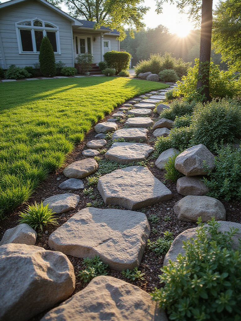 Front yard rock garden with various sized stones and drought-tolerant plants