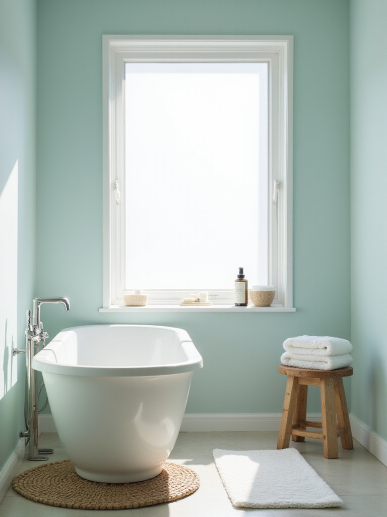Serene bathroom with pale blue-green walls, white bathtub, and natural wood accents.
