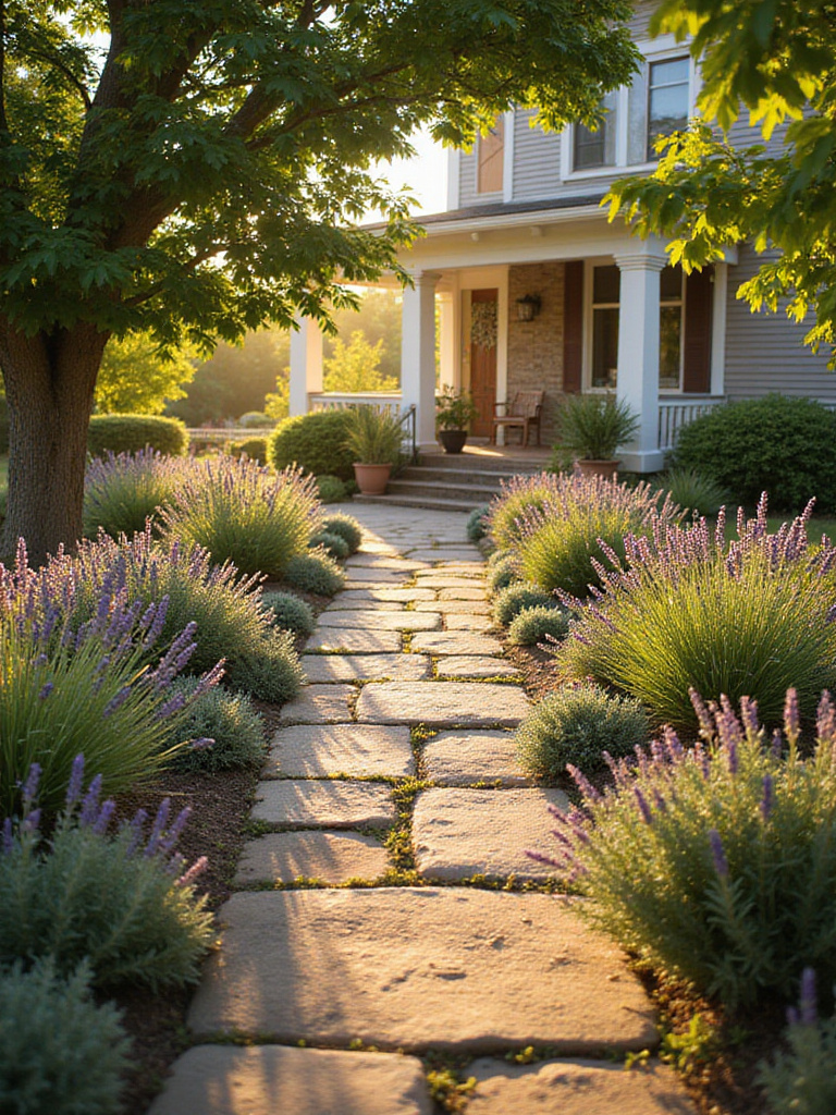 Fragrant herb garden lining a walkway in a beautiful front yard landscape.