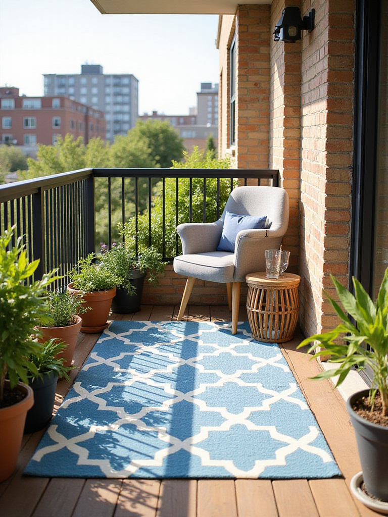 Small urban balcony with a geometric blue and white outdoor rug covering the floor, featuring a comfortable armchair and potted plants.