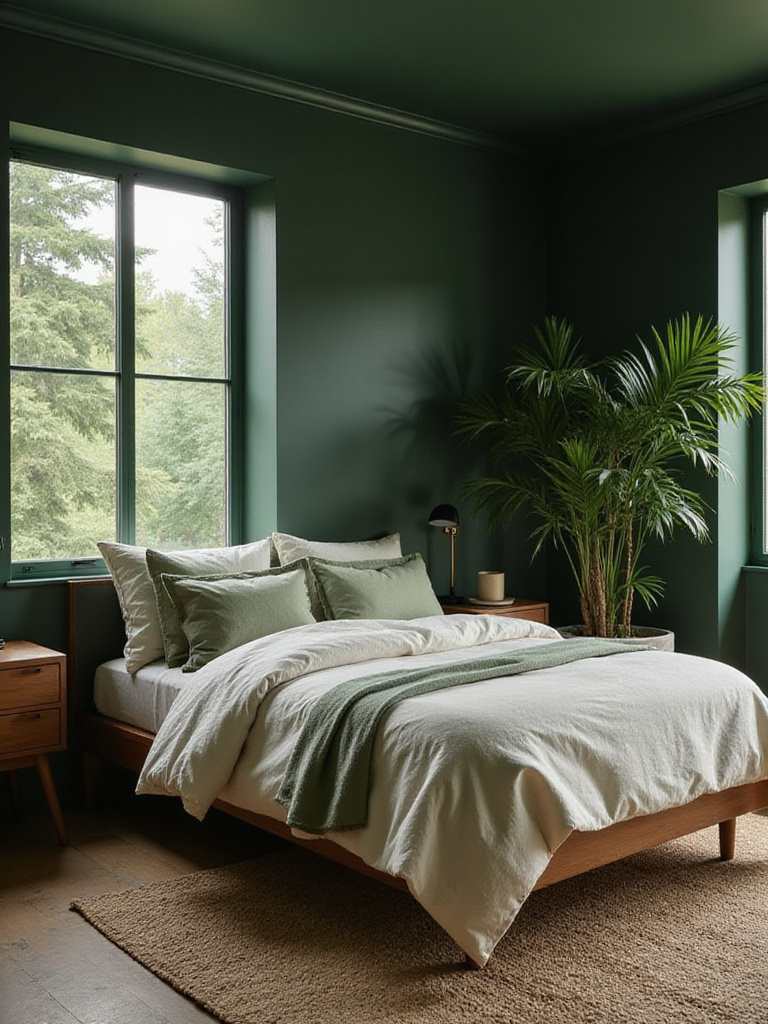 Forest green bedroom with natural light and linen bedding creating a relaxing retreat.