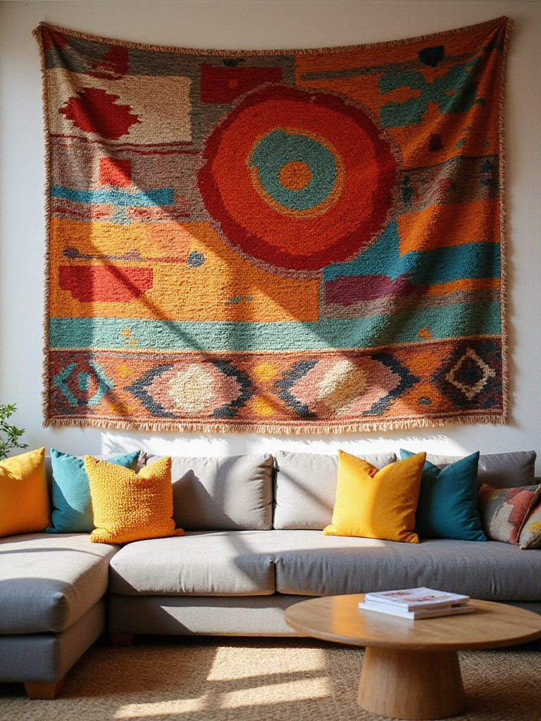 Boho living room with vibrant textile tapestry wall decor in bold colors