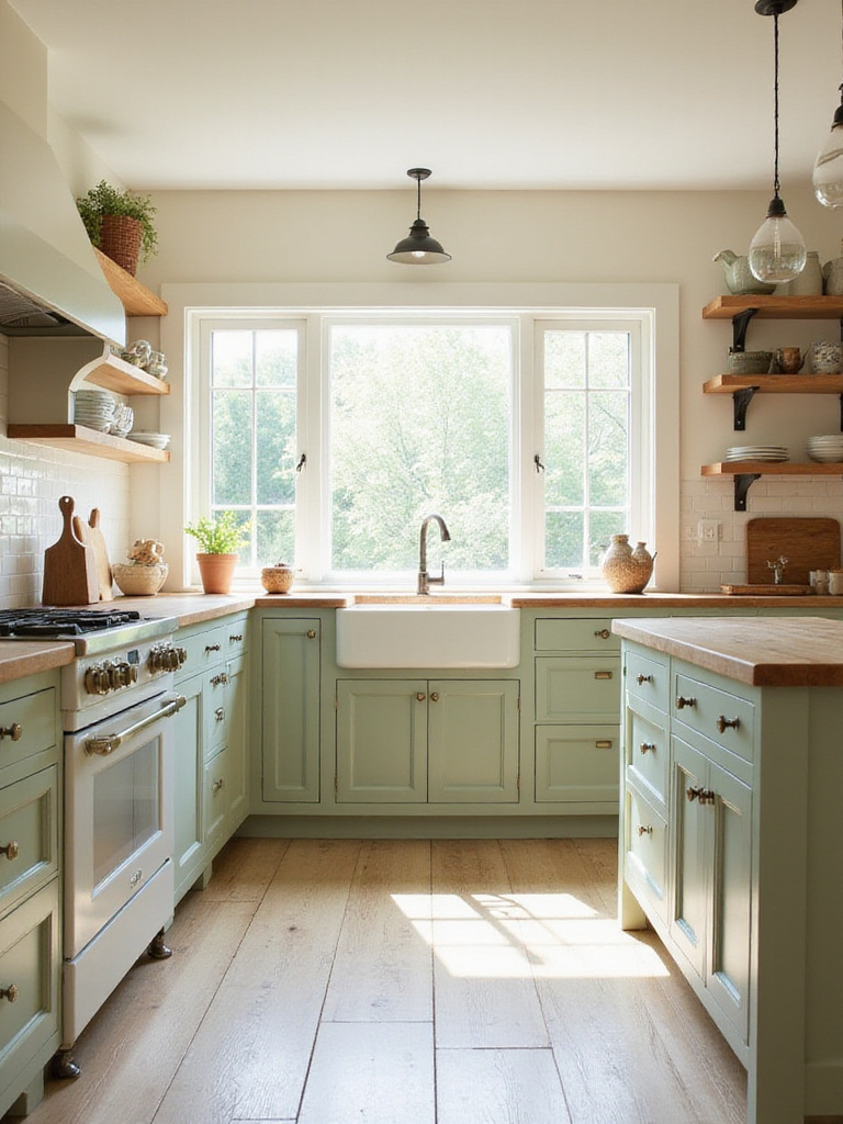 Farmhouse kitchen with creamy white upper cabinets and soft green lower cabinets.