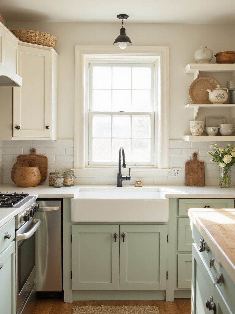 Farmhouse kitchen with creamy white cabinets and sage green island