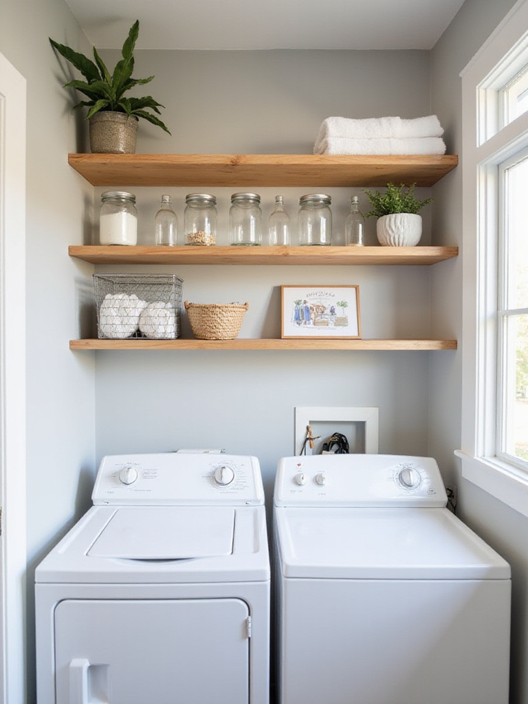 Laundry room with light gray walls and natural wood floating shelves holding laundry essentials and decor.