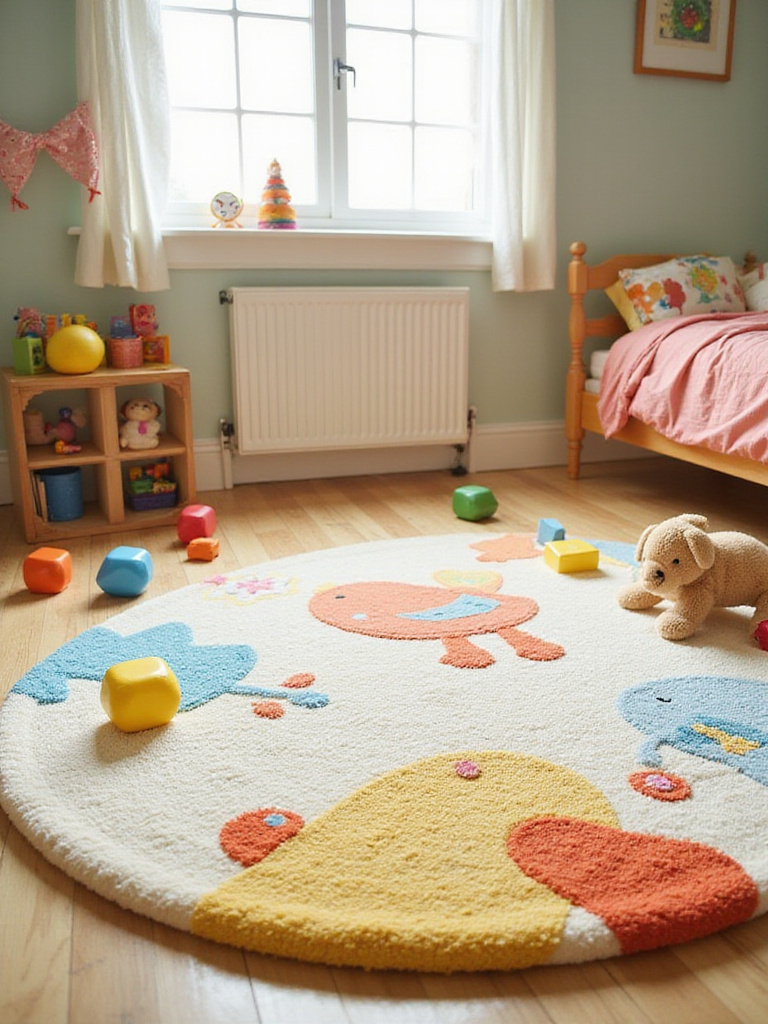 A brightly lit kids' bedroom corner with a large, soft, colorful rug on the floor, perfect for playtime. Toys are scattered on the rug, showing a comfortable and inviting space.