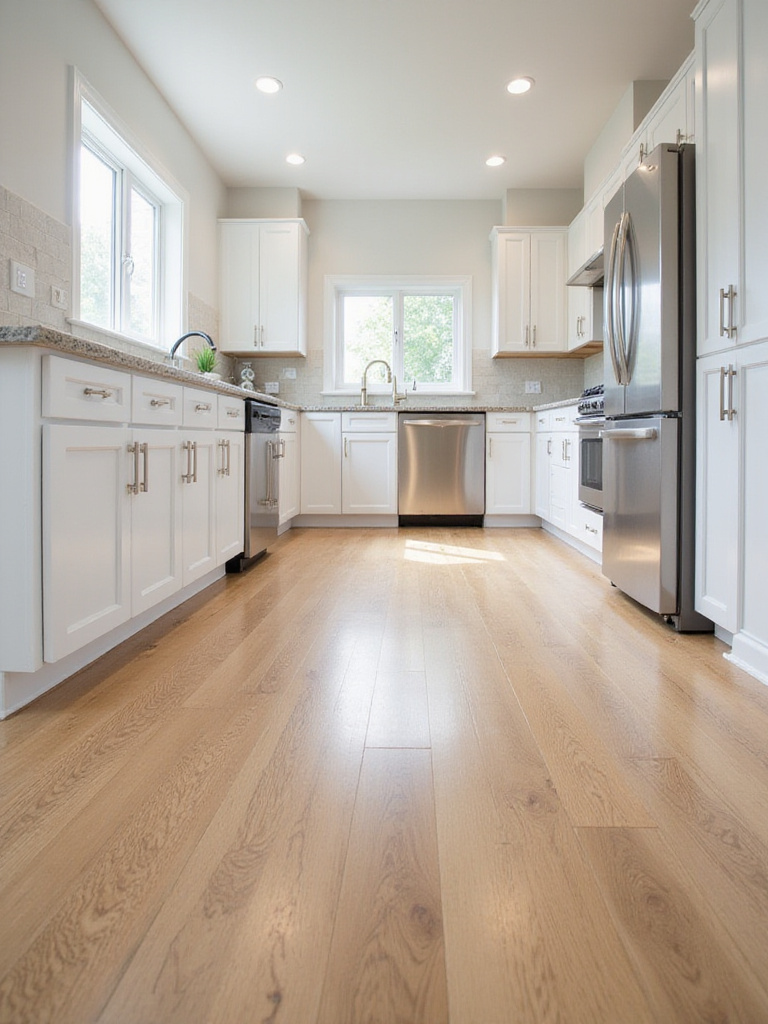 Modern kitchen with new light oak hardwood flooring