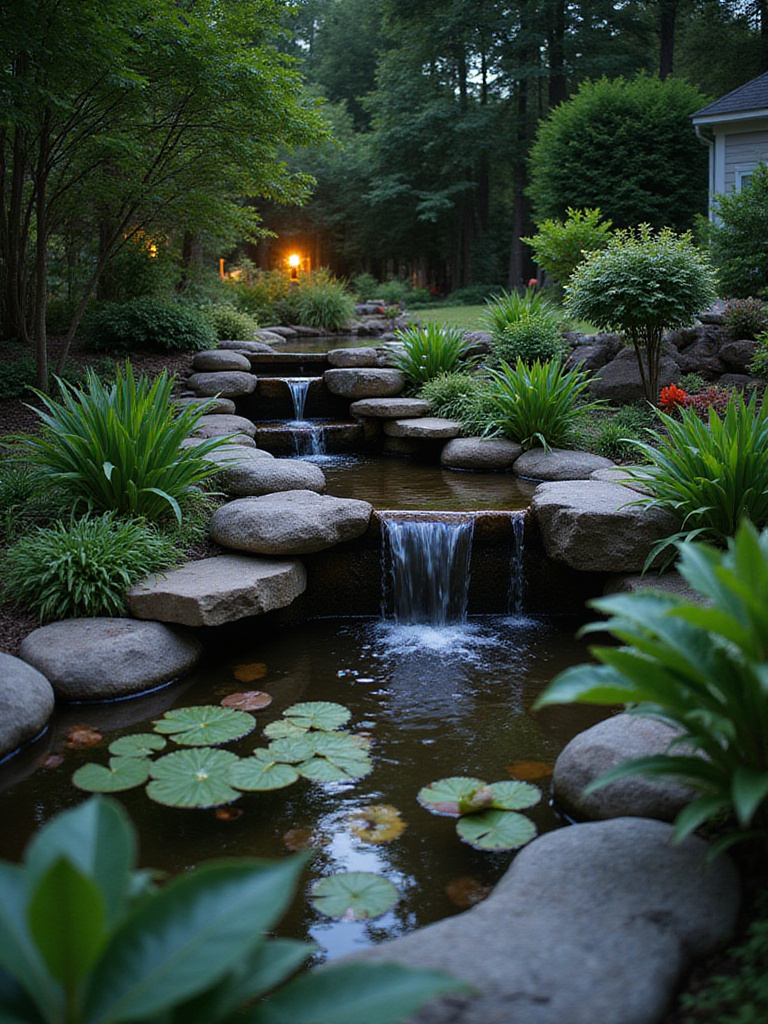 Backyard garden with a stone waterfall and pond as a focal point