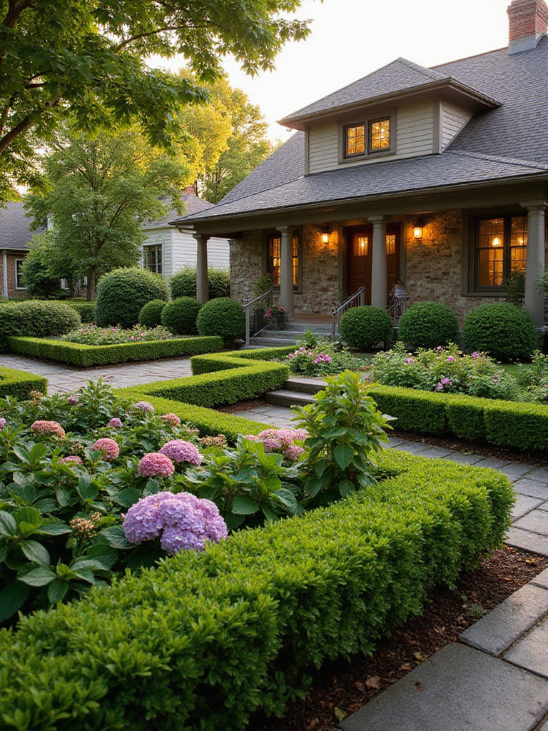 Front yard landscaping featuring stylish shrubs and hedges for curb appeal.