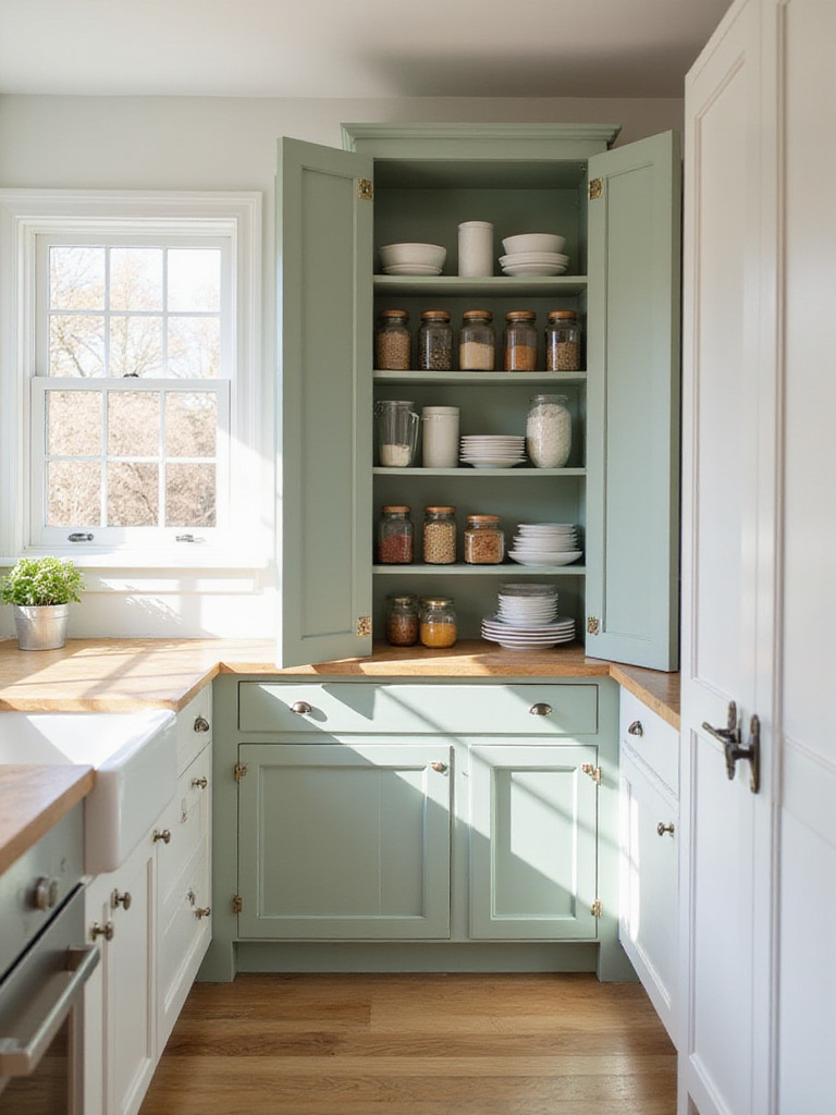Freestanding kitchen pantry providing ample storage in a modern farmhouse style kitchen.
