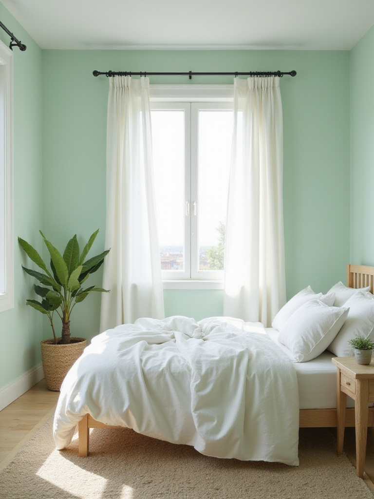 Serene mint green bedroom with natural light and white bedding.