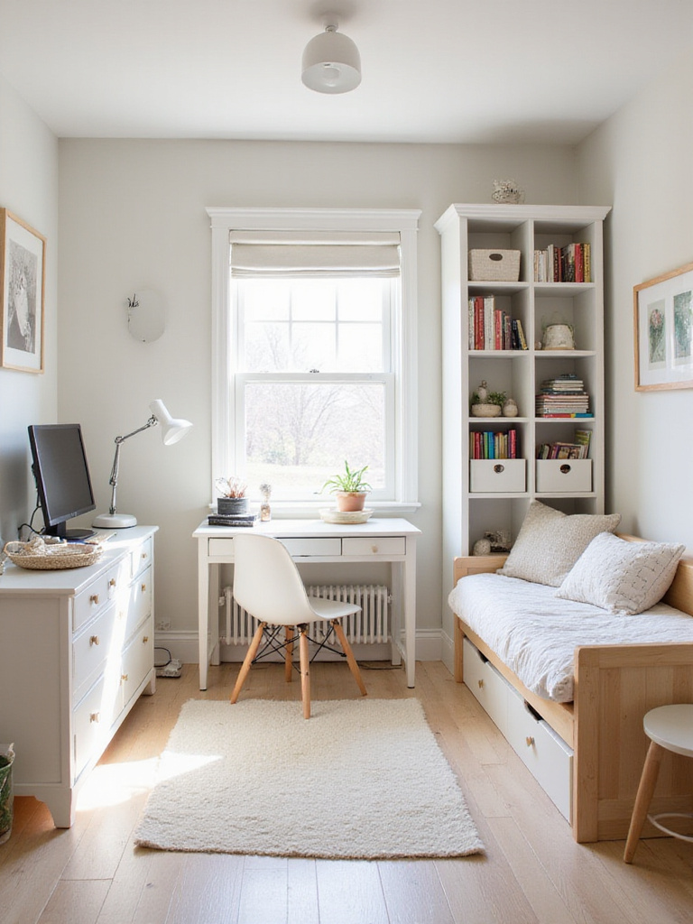 An adaptable child's bedroom with neutral walls, a daybed, modular storage, and a versatile desk, designed to easily transition as the child grows.