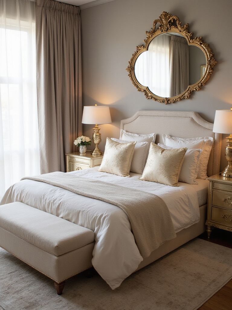 Luxurious bedroom with neutral colors and gold metallic accents.