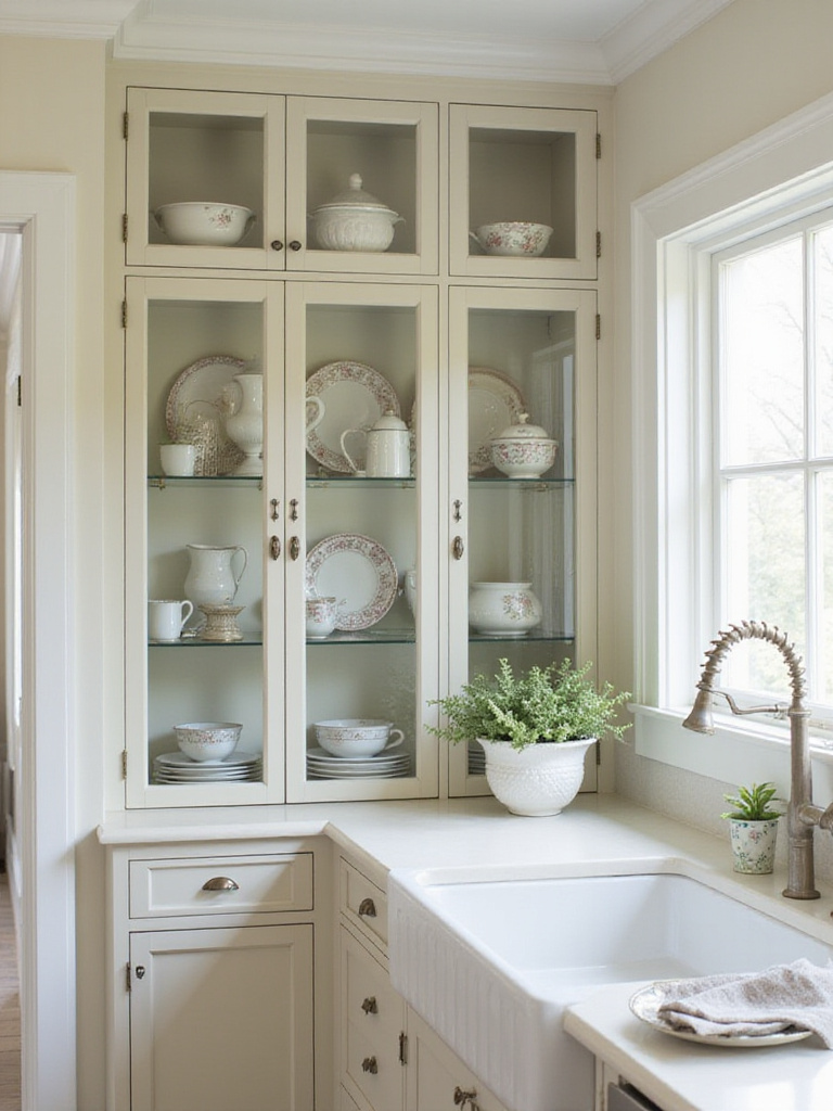 Kitchen with glass-front display cabinet showcasing fine china and decor.