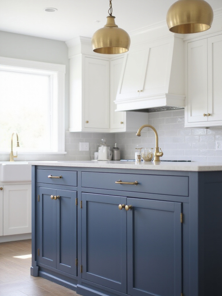 Modern kitchen with white cabinets, blue island, brass hardware and pendant lights, and stainless steel faucet.