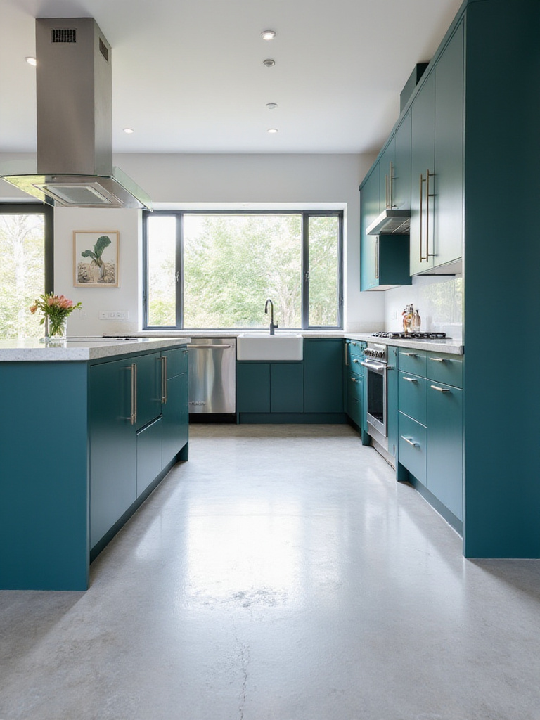 Modern kitchen with glossy teal cabinets and stainless steel appliances reflecting natural light