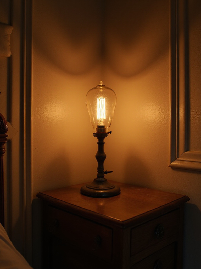 Vintage bedroom with a wrought iron bedside lamp and Edison bulb providing warm light.
