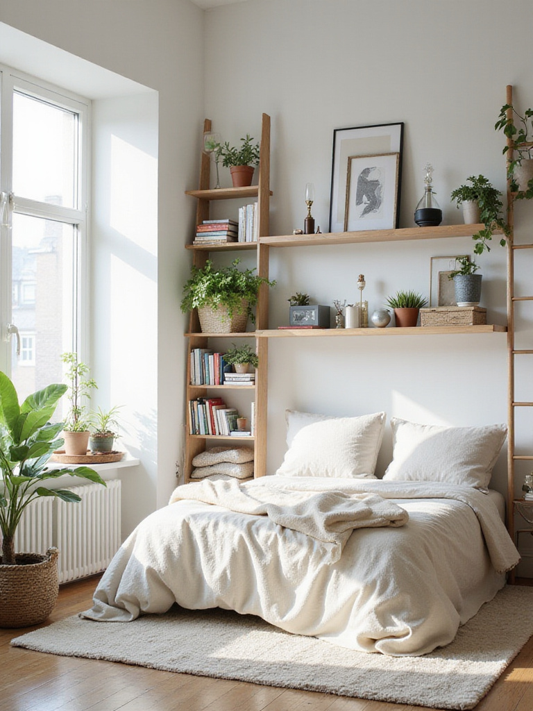 Apartment bedroom featuring vertical shelving with books, plants, and decorative items.