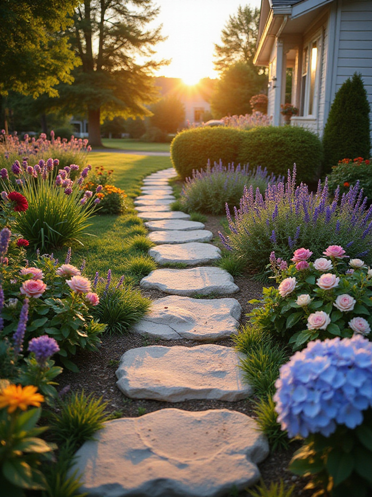 Charming front yard garden with flagstone stepping stone pathway.