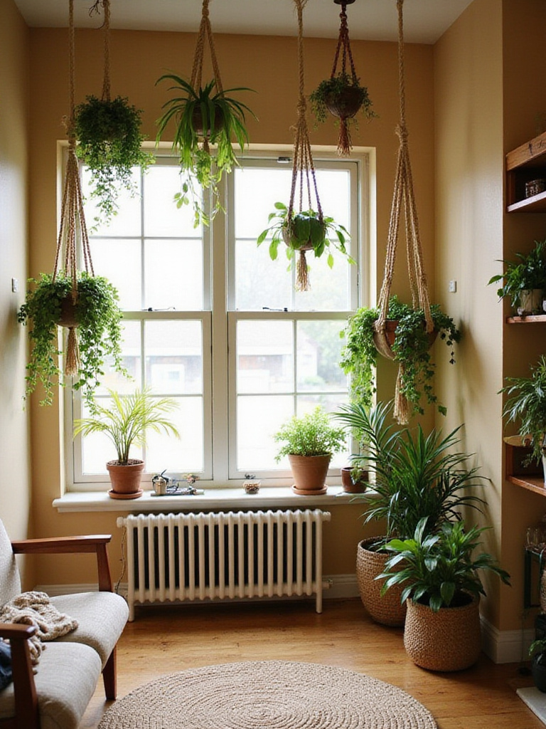 Boho living room with macrame plant hangers and lush greenery