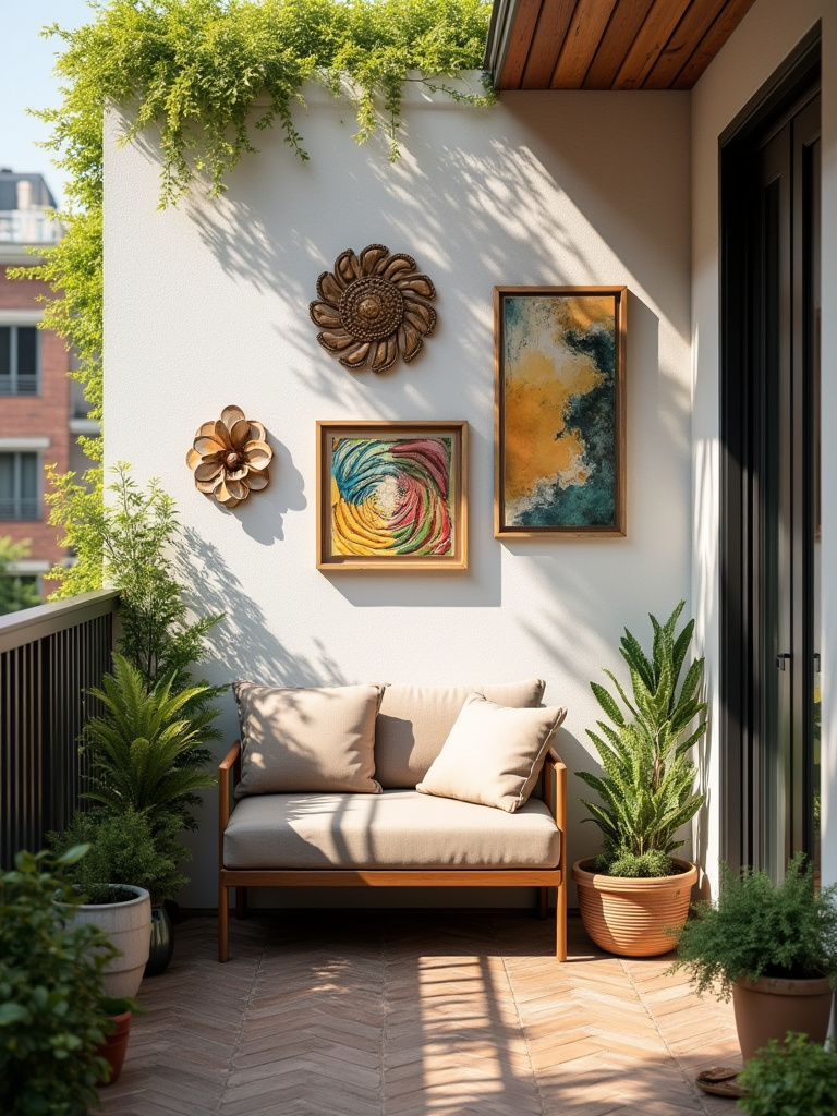 Small urban balcony decorated with various pieces of colorful outdoor art on the wall, adding a personal touch and enhancing the cozy atmosphere.