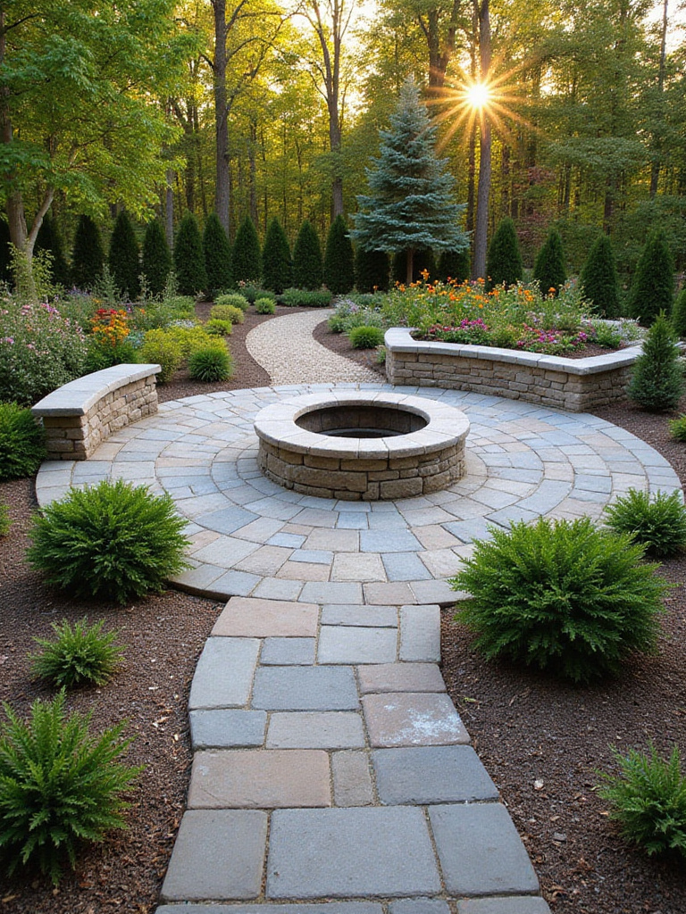Backyard hardscaping featuring a flagstone patio, gravel path, and stone fire pit.