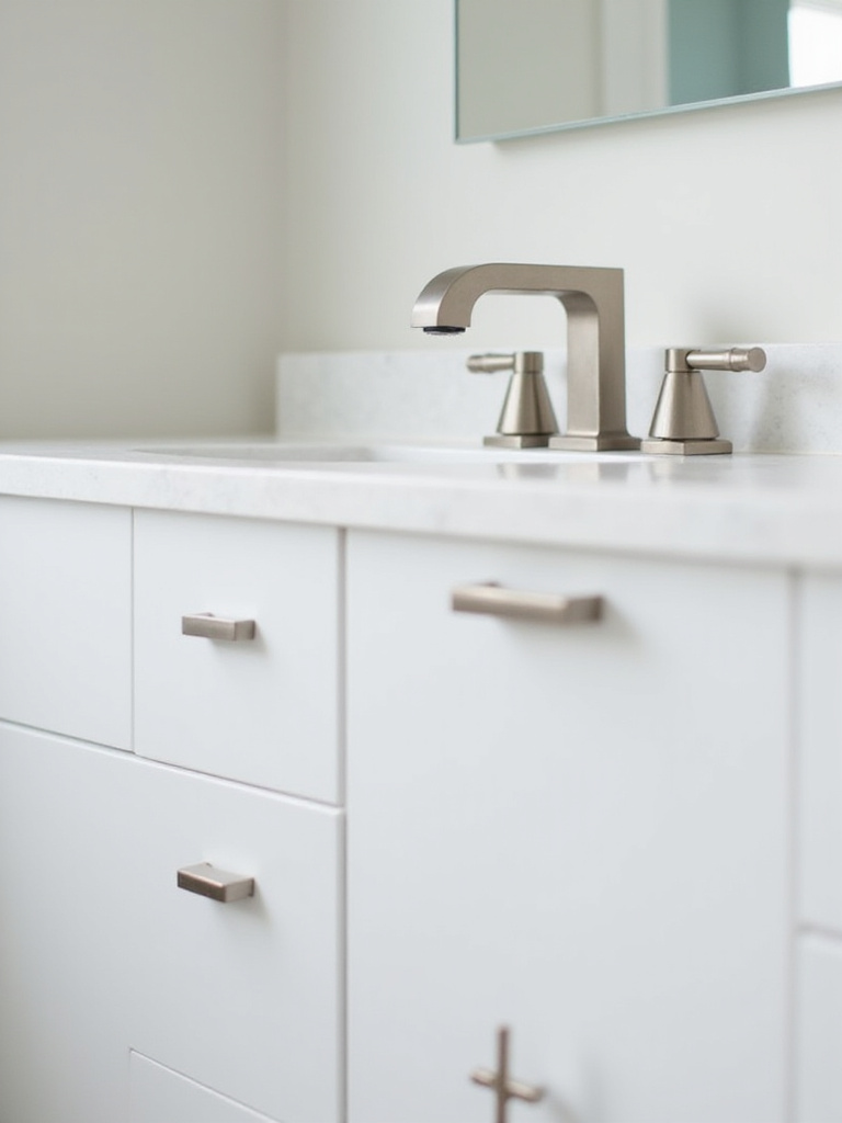 Brushed nickel bathroom faucet and cabinet pulls on a white vanity.
